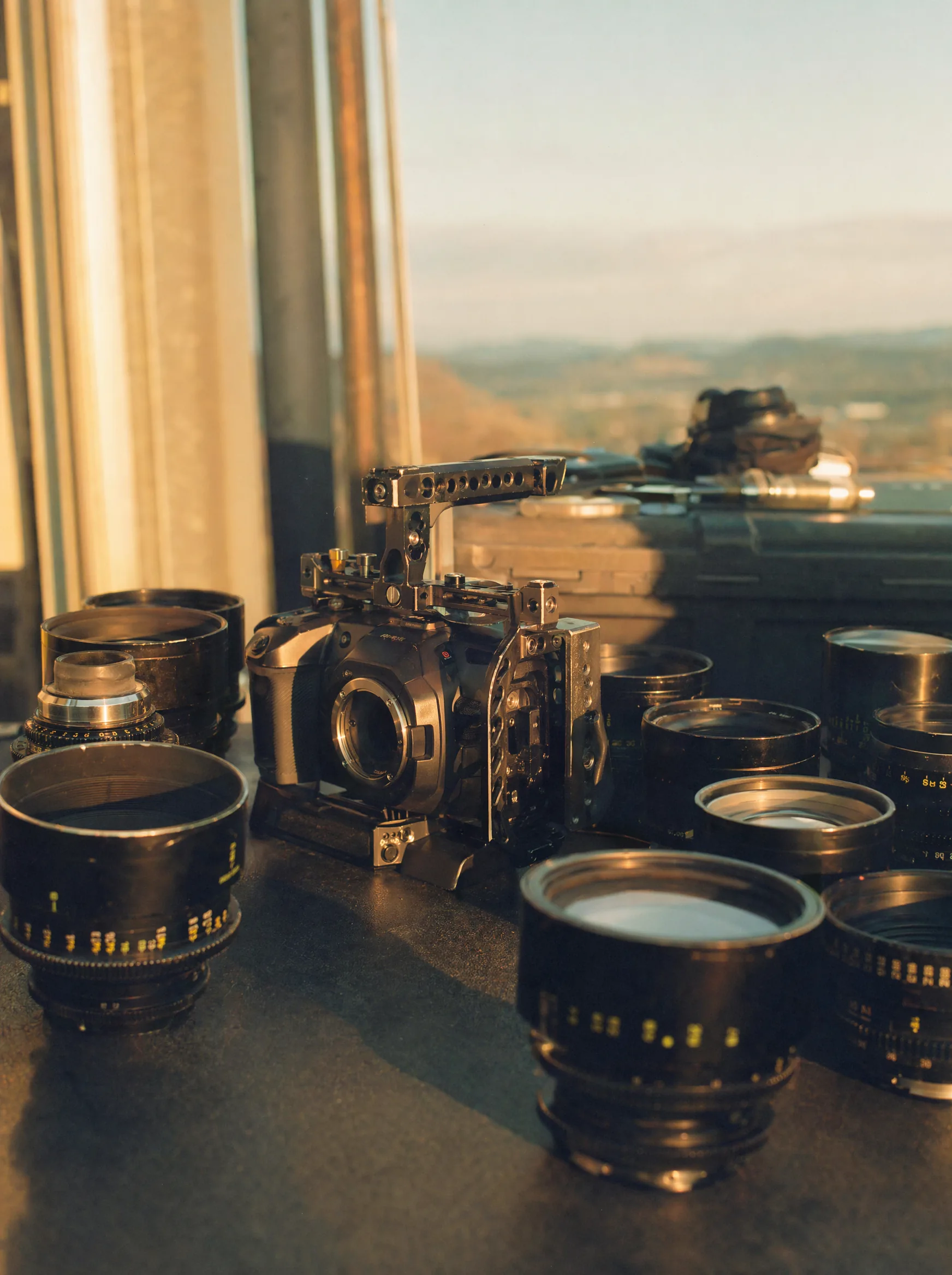 A cinema camera kit laid out