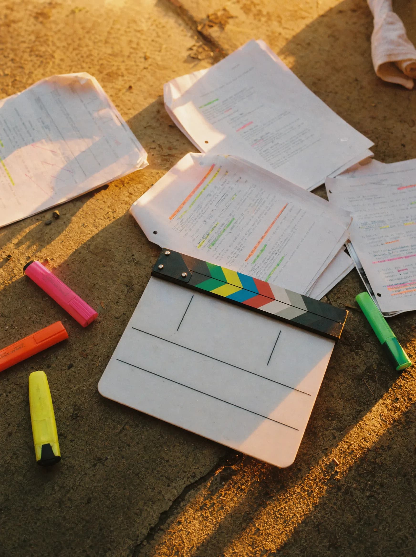A clapperboard and annotated scripts on set