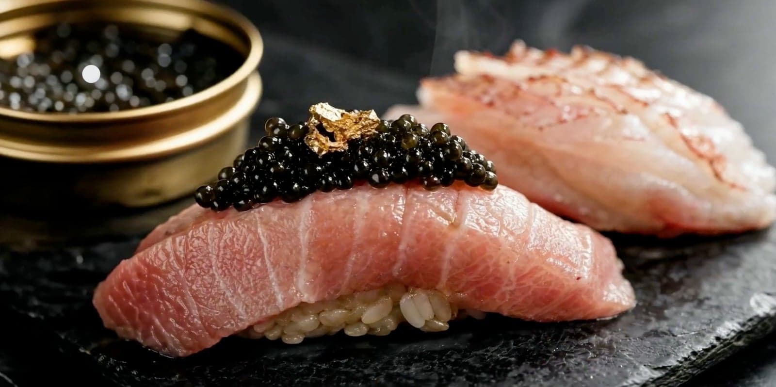 Pearl caviar nigiri — reference frame from the brief mock